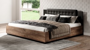 SIGMA - ŁÓŻKO 160x200 z pojemnikiem - Dąb Flagstaff z miedzianą nitką / czarny supermat
